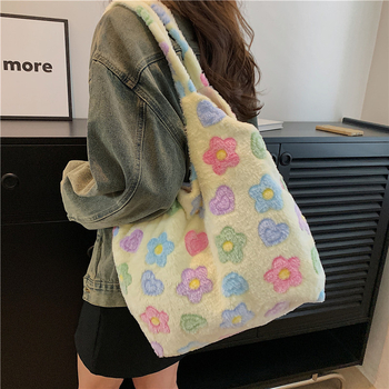 Βελούδινη τσάντα Tote με μοτίβο λουλουδιών, κορεατικού στυλ, φρέσκο και γλυκό σχέδιο, κάθετα τετράγωνο σχήμα, φερμουάρ