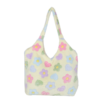 Βελούδινη τσάντα Tote με μοτίβο λουλουδιών, κορεατικού στυλ, φρέσκο και γλυκό σχέδιο, κάθετα τετράγωνο σχήμα, φερμουάρ