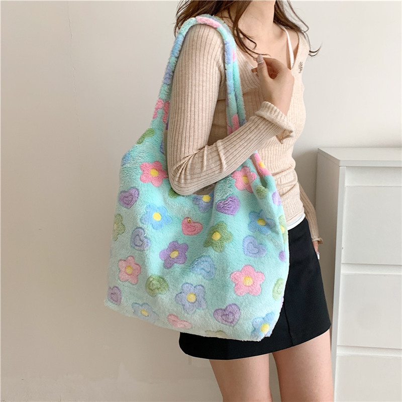 Плюшена Tote чантичка със цветя, корейски стил, свеж и сладък дизайн, вертикална квадратна форма и цип