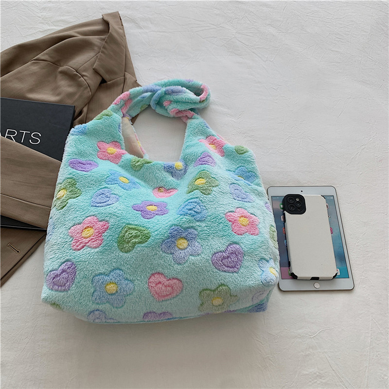 Плюшена Tote чантичка със цветя, корейски стил, свеж и сладък дизайн, вертикална квадратна форма и цип