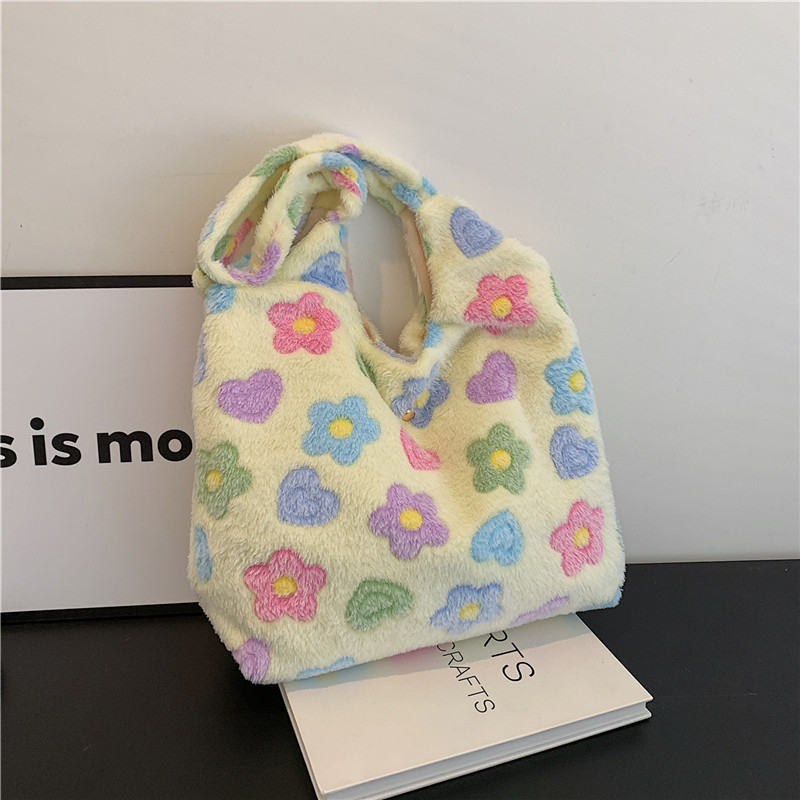 Плюшена Tote чантичка със цветя, корейски стил, свеж и сладък дизайн, вертикална квадратна форма и цип