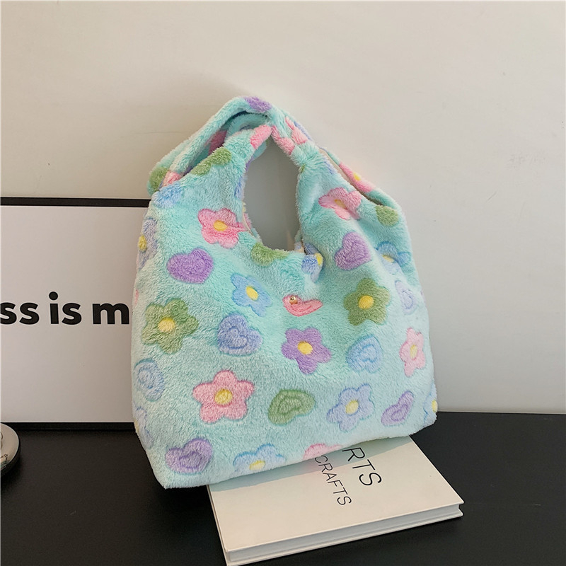 Плюшена Tote чантичка със цветя, корейски стил, свеж и сладък дизайн, вертикална квадратна форма и цип