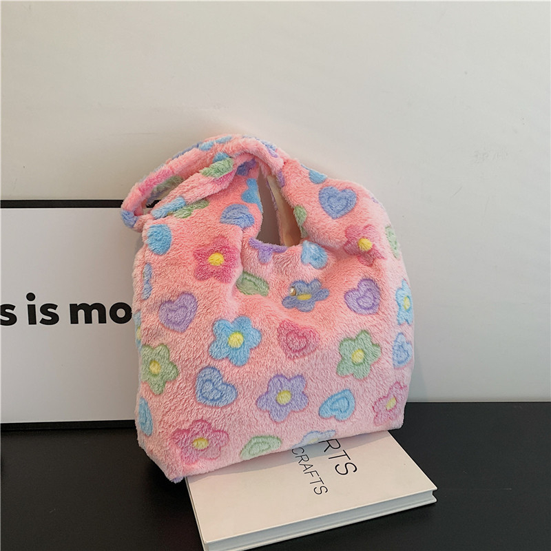Плюшена Tote чантичка със цветя, корейски стил, свеж и сладък дизайн, вертикална квадратна форма и цип