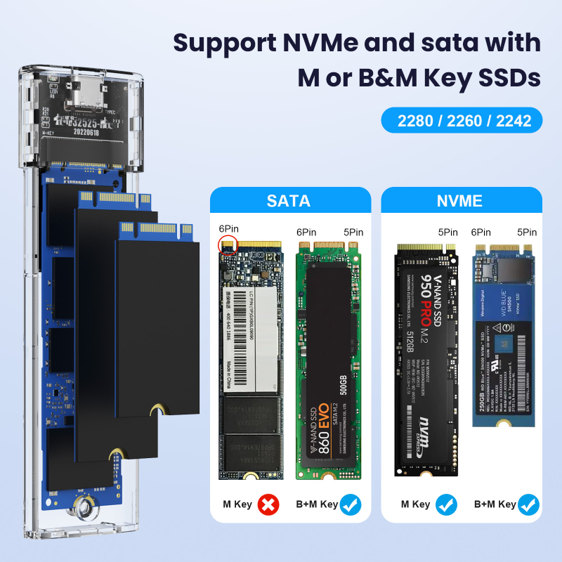 Be įrankių NVMe M.2 išorinė SSD dėžutė, aliuminio lydinys, 8TB, 10Gbps Type-C 3.1