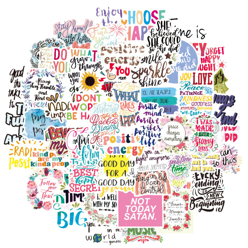 Set naljepnica: 50–200 inspirativnih engleskih slogana za učenje, grafiti tekstne naljepnice nordijskog stila za prtljagu; ljepilo; tisak, ofsettisak.