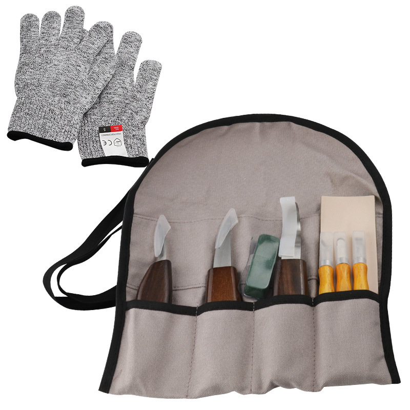 Journalists medžio drožybos įrankių rinkinys – riešutmedžio drožybos peilis, maketė, medžio šlifavimo peilis, šaukštų peilis, pjūvių apsauginės pirštinės