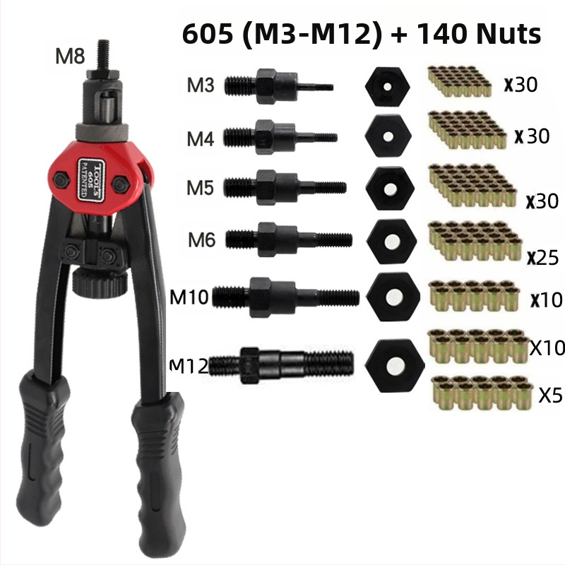 Двуручен ръчен инструмент за монтиране на rivet nut, M3–M10, 6 глави, специална стомана, Sea Flying Shark