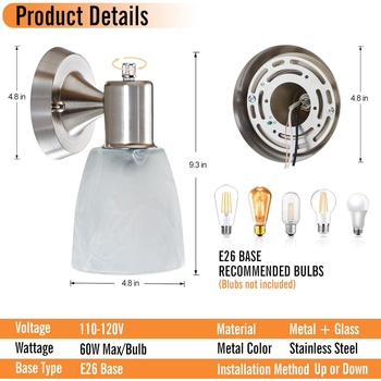 Τοίχου φωτιστικό με γυάλινο σκιάδιο, μεταλλικό σώμα, LED φως, 110V, μοντέρνο μινιμαλιστικό σχέδιο