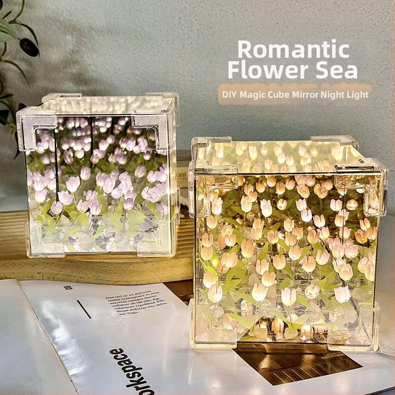 Акрилен кубичен нощен светилник с букет лалета, ръчна изработка, инжекционно формован, луксозен стил