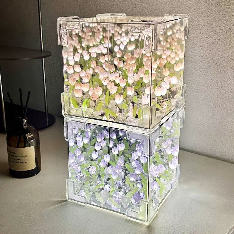 Акрилен кубичен нощен светилник с букет лалета, ръчна изработка, инжекционно формован, луксозен стил