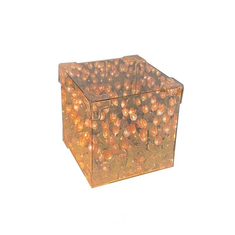 Акрилен кубичен нощен светилник с букет лалета, ръчна изработка, инжекционно формован, луксозен стил