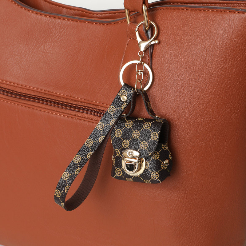 PU чантичка за слушалки с ключодържател и връв, шарка каре, може да побира малки предмети, есен 2024