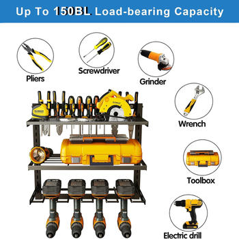 Επιτοίχια ραφιέρα αποθήκευσης εργαλείων από χάλυβα άνθρακα, 2 επιπέδων, εγκατάσταση με βίδες, κατάλληλη για γκαράζ
