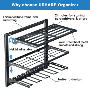 Επιτοίχια ραφιέρα αποθήκευσης εργαλείων από χάλυβα άνθρακα, 2 επιπέδων, εγκατάσταση με βίδες, κατάλληλη για γκαράζ