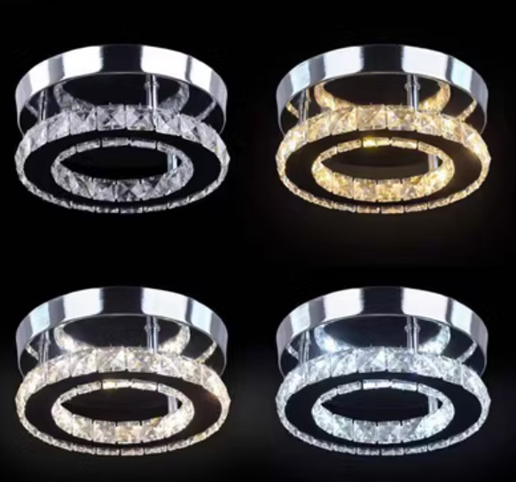 Φωτιστικό οροφής LED με κυκλικό κρύσταλλο σώμα και σκιά από ανοξείδωτο χάλυβα, κάλυψη 3–5 τ.μ., για διάδρομο και είσοδο