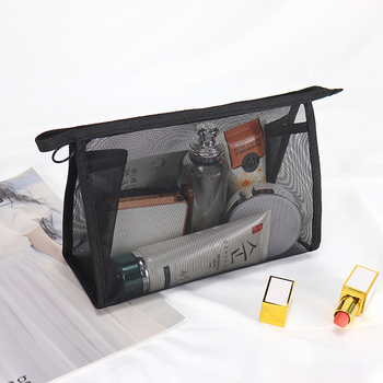 Мережеста козметична чанта с голям капацитет, триъгълна форма, полиестер, подплата от велур с текстура на праскова, за ежедневна употреба.