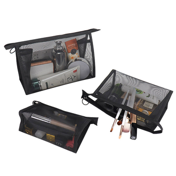 Мережеста козметична чанта с голям капацитет, триъгълна форма, полиестер, подплата от велур с текстура на праскова, за ежедневна употреба.