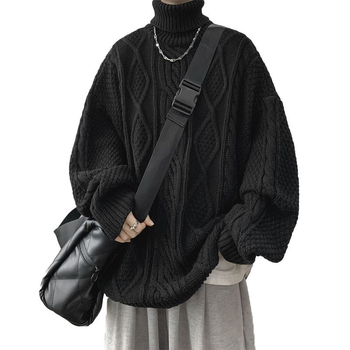 Плетен пуловер, дебел, свободен крой, яка тип риза, вградена шарка, корейски стил