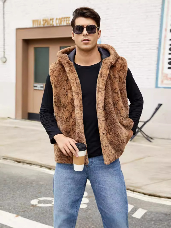 Moteriška striukė su gobtuvu iš dirbtinės kailio, be rankovių (Rudenis 2024, moteris, gobtuvas, be rankovių, dirbtinė kailio)