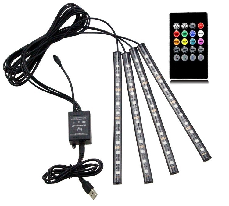 Auto iekšējā LED gaisma ar USB, daudzkrāsains apgaismojums, kāju zonai, mūzikas ritms, bezvadi, balss vadība — Modelis: Colorful ambient lights in the car; Jauda 3.6W; Spriegums 12V/5V; Strāva 1A; Materiāls PCB