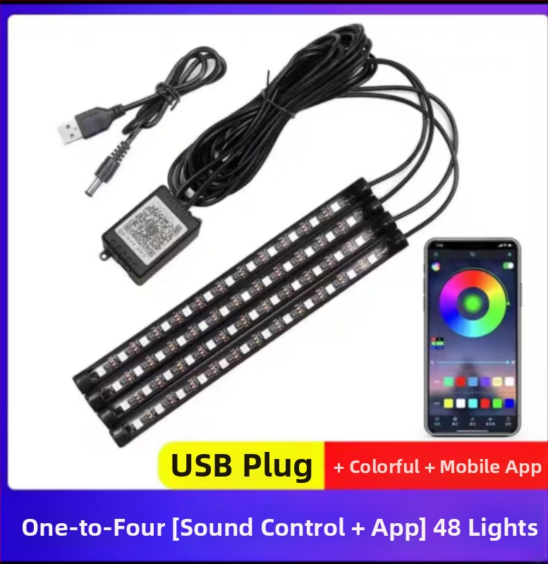 Auto iekšējā LED gaisma ar USB, daudzkrāsains apgaismojums, kāju zonai, mūzikas ritms, bezvadi, balss vadība — Modelis: Colorful ambient lights in the car; Jauda 3.6W; Spriegums 12V/5V; Strāva 1A; Materiāls PCB