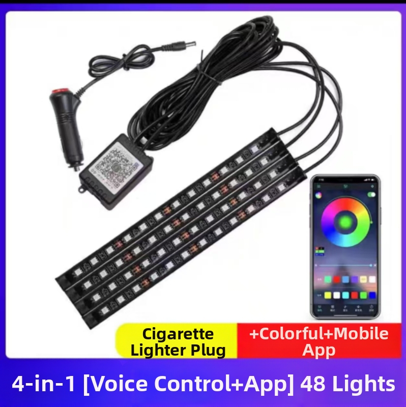 Auto iekšējā LED gaisma ar USB, daudzkrāsains apgaismojums, kāju zonai, mūzikas ritms, bezvadi, balss vadība — Modelis: Colorful ambient lights in the car; Jauda 3.6W; Spriegums 12V/5V; Strāva 1A; Materiāls PCB