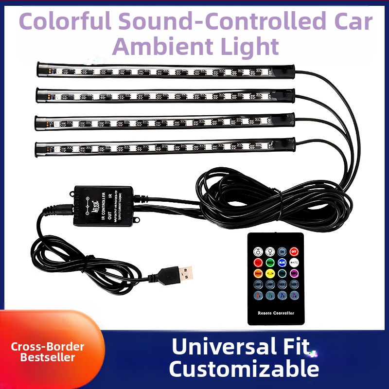 Auto iekšējā LED gaisma ar USB, daudzkrāsains apgaismojums, kāju zonai, mūzikas ritms, bezvadi, balss vadība — Modelis: Colorful ambient lights in the car; Jauda 3.6W; Spriegums 12V/5V; Strāva 1A; Materiāls PCB