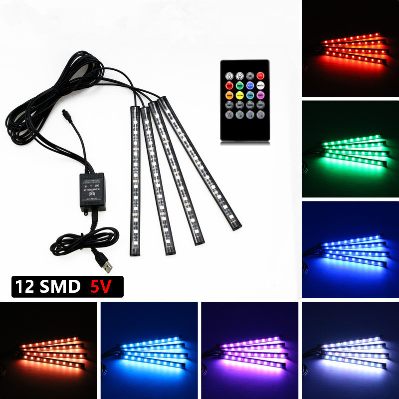 Auto iekšējā LED gaisma ar USB, daudzkrāsains apgaismojums, kāju zonai, mūzikas ritms, bezvadi, balss vadība — Modelis: Colorful ambient lights in the car; Jauda 3.6W; Spriegums 12V/5V; Strāva 1A; Materiāls PCB