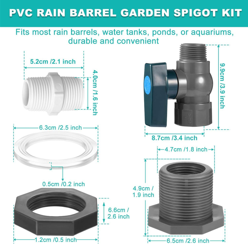 PVC krānu komplekts lietus tvertnei ar vārstu, dalītāju un šļūtenes adapteri