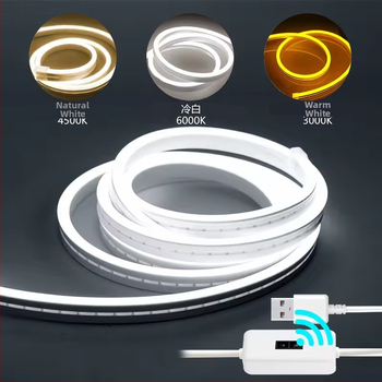 USB maitinama 5V neon LED juosta su laipsniškai reguliuojamu ryškumu, rankos judesio jutiklis, atspari vandeniui, lipni vidaus apšvietimui spintoms ir miegamiesiems