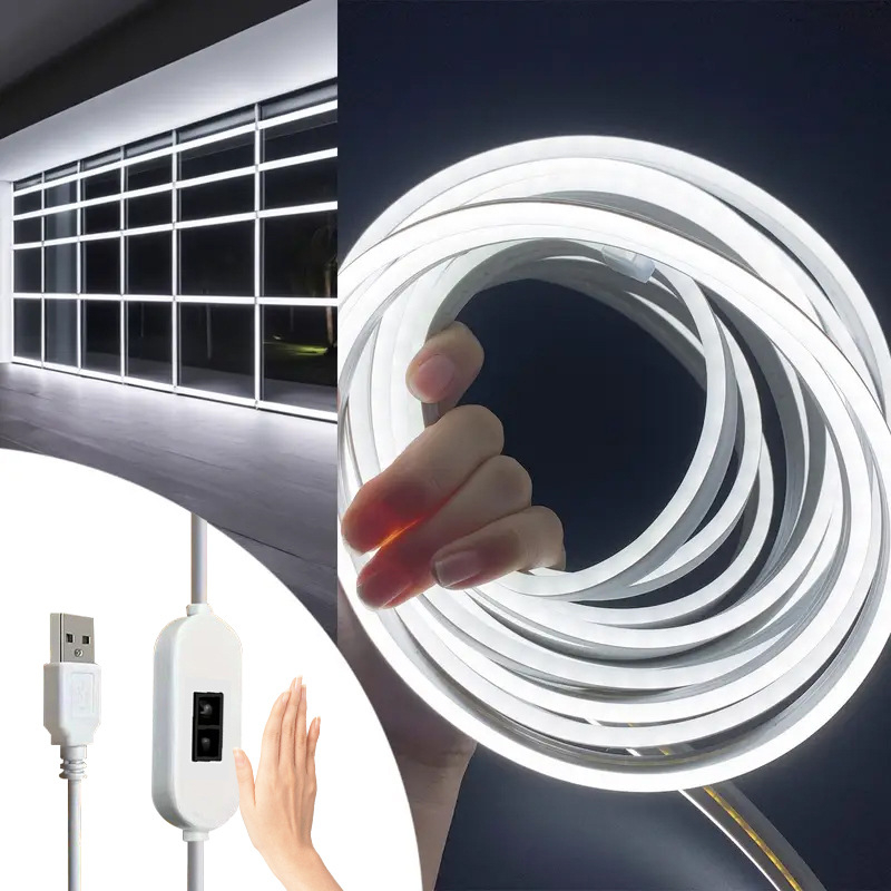 USB maitinama 5V neon LED juosta su laipsniškai reguliuojamu ryškumu, rankos judesio jutiklis, atspari vandeniui, lipni vidaus apšvietimui spintoms ir miegamiesiems