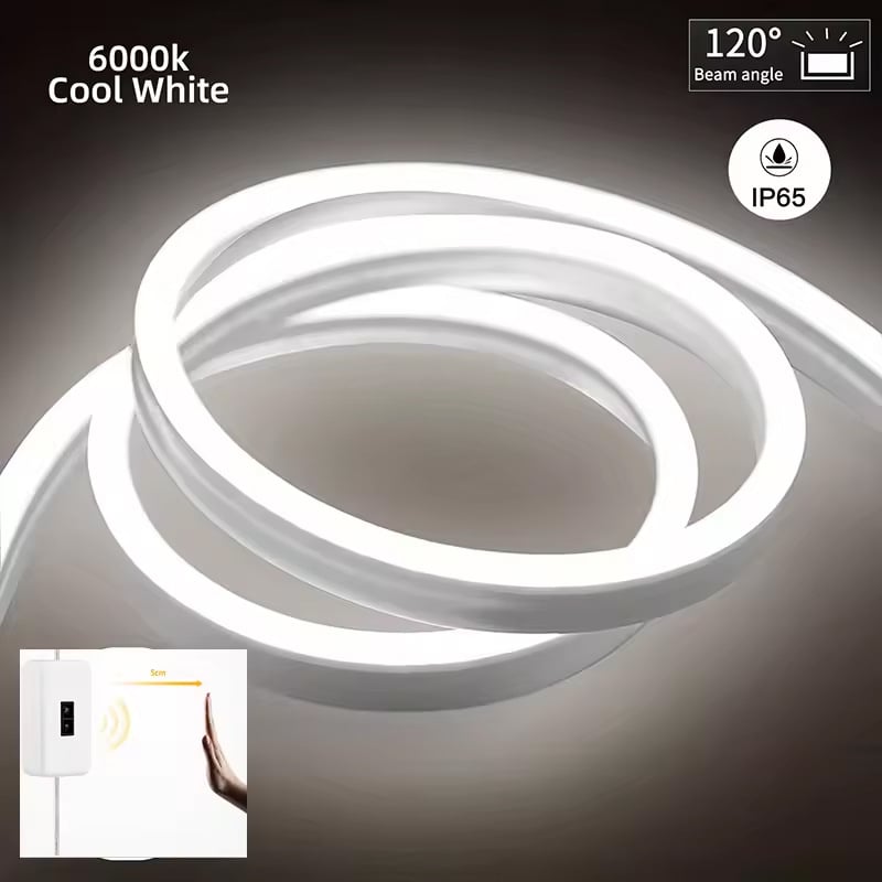 USB maitinama 5V neon LED juosta su laipsniškai reguliuojamu ryškumu, rankos judesio jutiklis, atspari vandeniui, lipni vidaus apšvietimui spintoms ir miegamiesiems