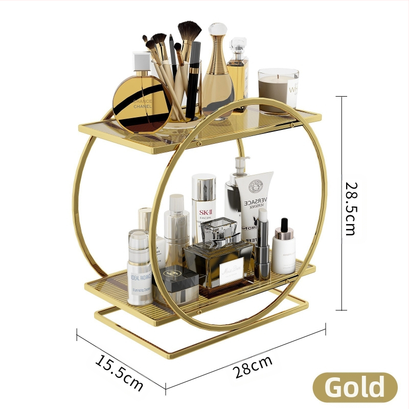 Козметичен държач за настолно използване, 2-етажен от карбонова стомана; многофункционален, подвижен, прахоустойчив, за грим и баня