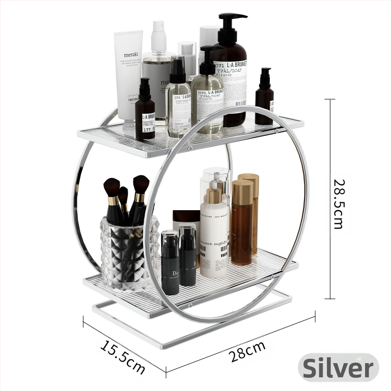 Козметичен държач за настолно използване, 2-етажен от карбонова стомана; многофункционален, подвижен, прахоустойчив, за грим и баня