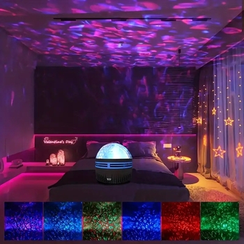 Νυχτερινό φως κομοδίνου με προβολή ουρανού γεμάτου αστέρια, υδάτινο μοτίβο και Aurora Borealis — τροφοδοσία USB με ενσωματωμένη μπαταρία και είσοδο DC; έλεγχος μέσω εφαρμογής; τηλεχειριστήριο; ήχος