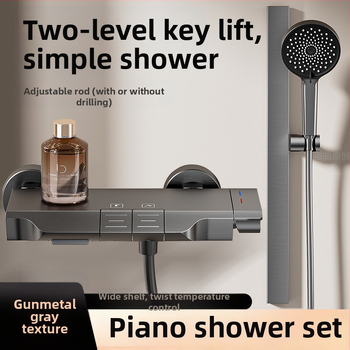 Vonios maišytuvas ir dušo komplektas su kvadratine dušo galvute, iš space aluminum, anodizuotas paviršius ir pastovios temperatūros funkcija.