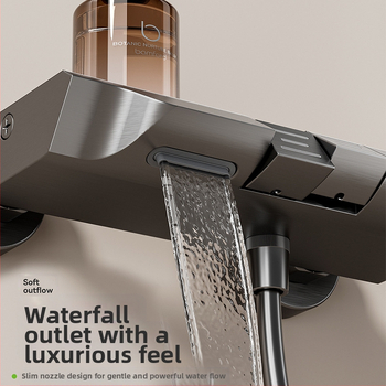 Vonios maišytuvas ir dušo komplektas su kvadratine dušo galvute, iš space aluminum, anodizuotas paviršius ir pastovios temperatūros funkcija.