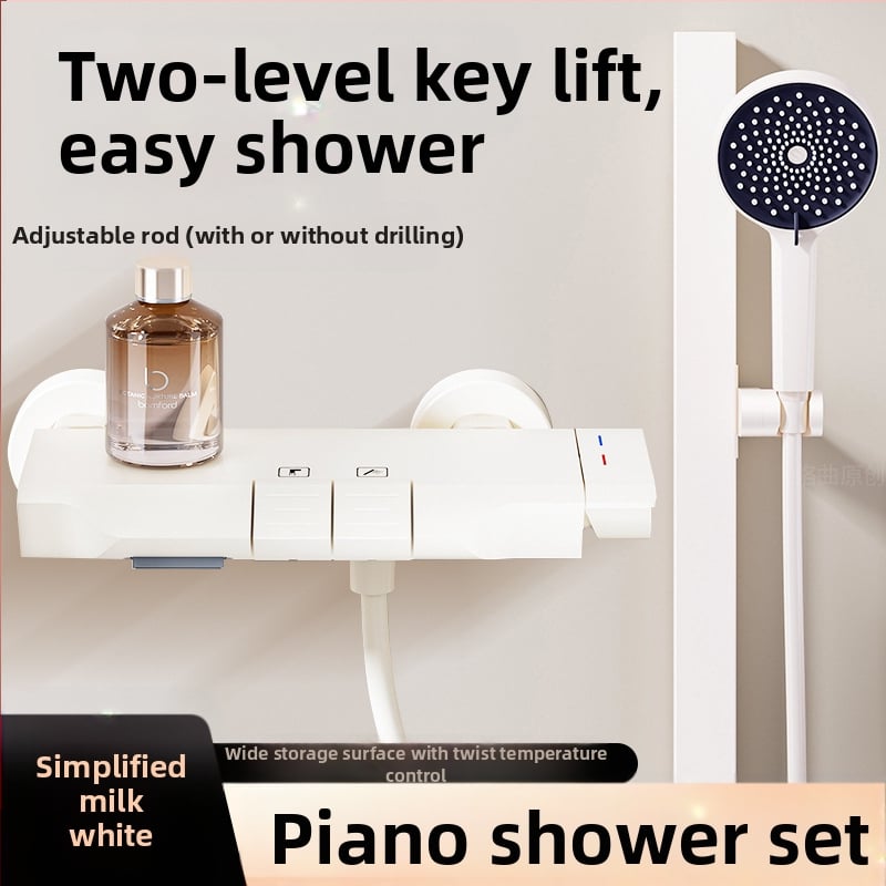 Vonios maišytuvas ir dušo komplektas su kvadratine dušo galvute, iš space aluminum, anodizuotas paviršius ir pastovios temperatūros funkcija.