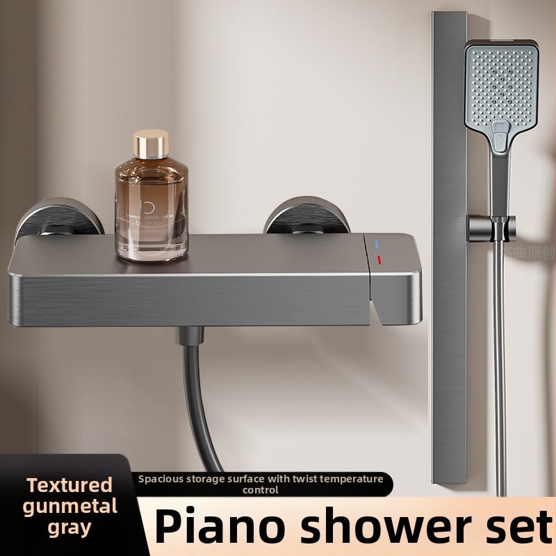 Vonios maišytuvas ir dušo komplektas su kvadratine dušo galvute, iš space aluminum, anodizuotas paviršius ir pastovios temperatūros funkcija.