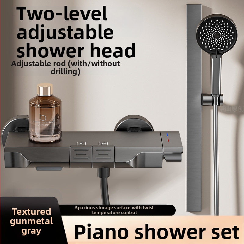 Vonios maišytuvas ir dušo komplektas su kvadratine dušo galvute, iš space aluminum, anodizuotas paviršius ir pastovios temperatūros funkcija.