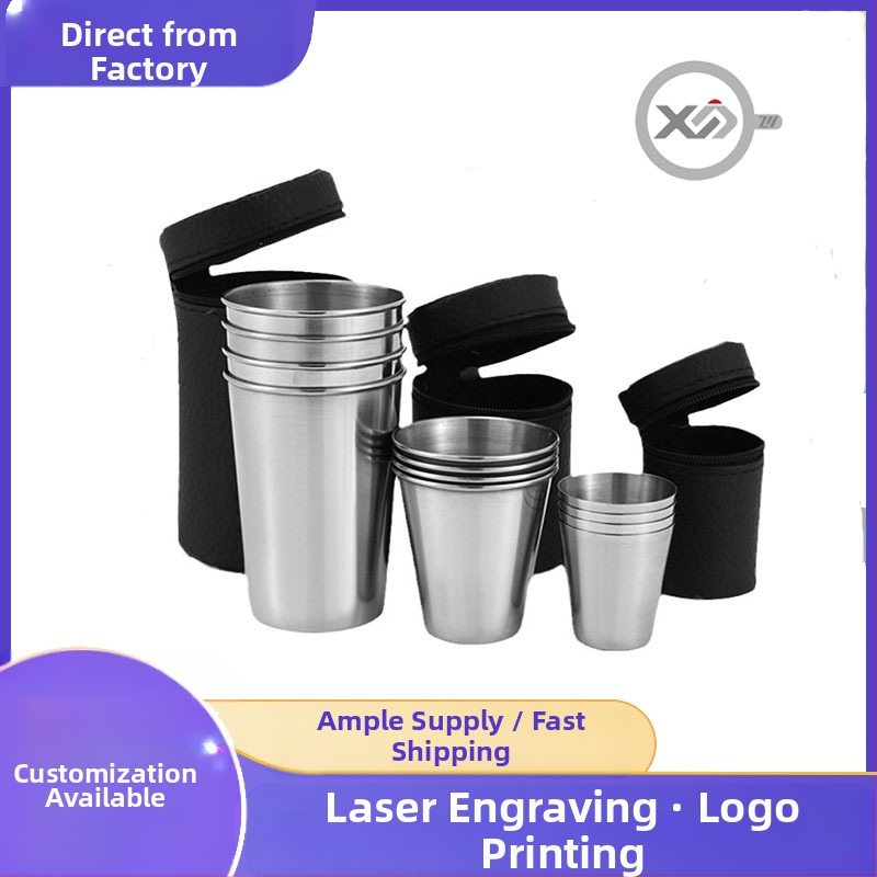 Nerūdijančio plieno spiritinių taurių rinkinys, 4 vnt, talpa 101-200 ml, odinis įpakavimas, pritaikytas logotipas