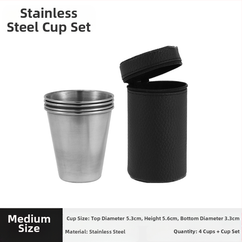 Nerūdijančio plieno spiritinių taurių rinkinys, 4 vnt, talpa 101-200 ml, odinis įpakavimas, pritaikytas logotipas