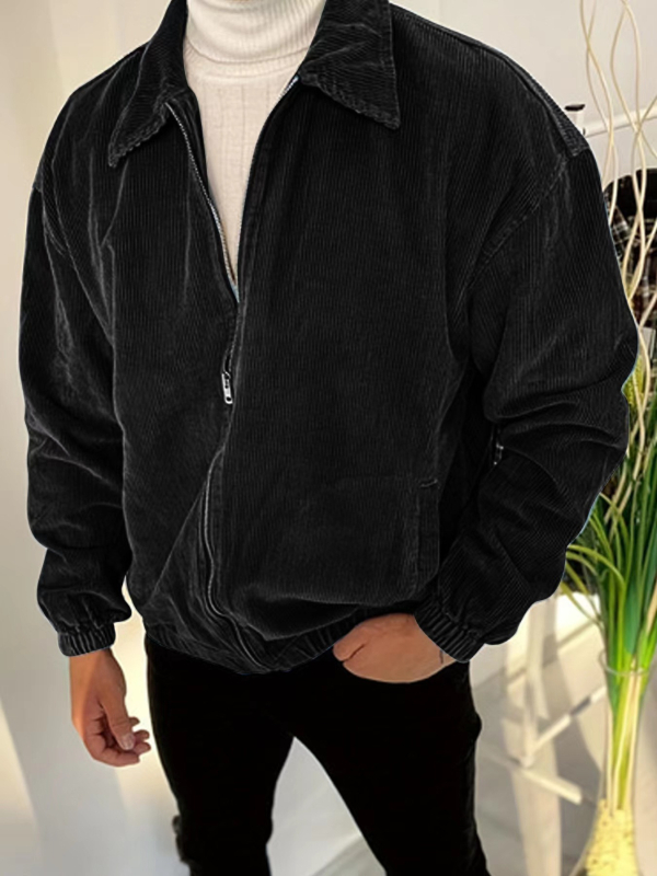 Corduroy jacket με φερμουάρ, μακριά μανίκια, lapel γιακά, χαλαρή γραμμή, πλαϊνές τσέπες