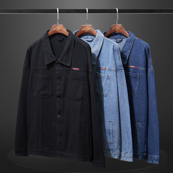 Ανδρικό βαμβακερό μπουφάν σε denim στιλ, μοτίβο color-block, πέτο γιακάς, κούμπωμα σε μία σειρά, εξωτερικό χιπ-χοπ