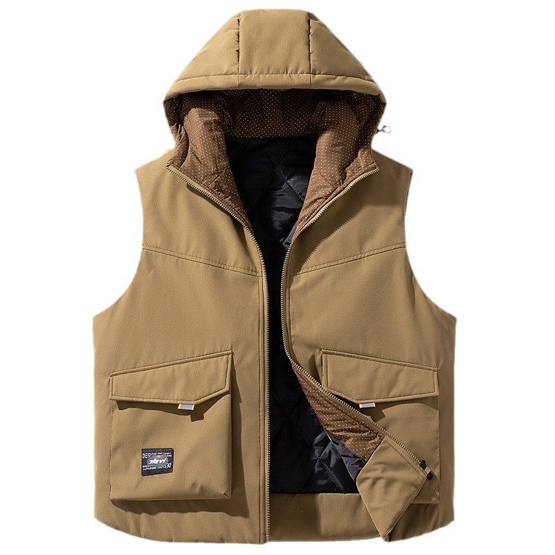 Vintažinė liemenė kardiganas su gobtuvu, laisvas kirpimas, stovėjimo apykaklė, užtrauktukas, stora poliesteris, 100% poliesteris