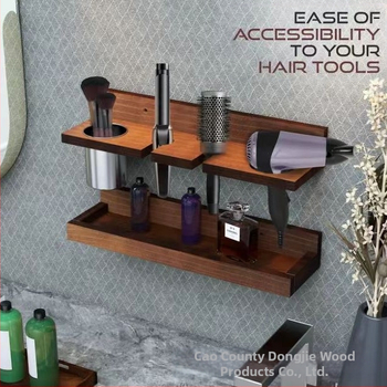 Dongjie Дървен стенен шкаф за фризьорски принадлежности – модерен минималистичен 1-етажен стенен държач за сешоар и гребени