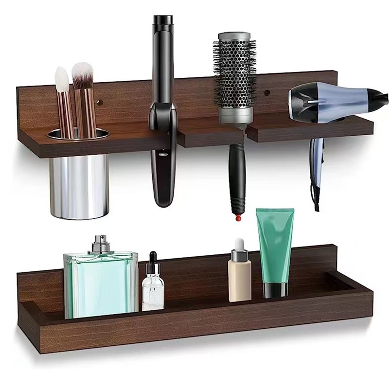Dongjie Дървен стенен шкаф за фризьорски принадлежности – модерен минималистичен 1-етажен стенен държач за сешоар и гребени