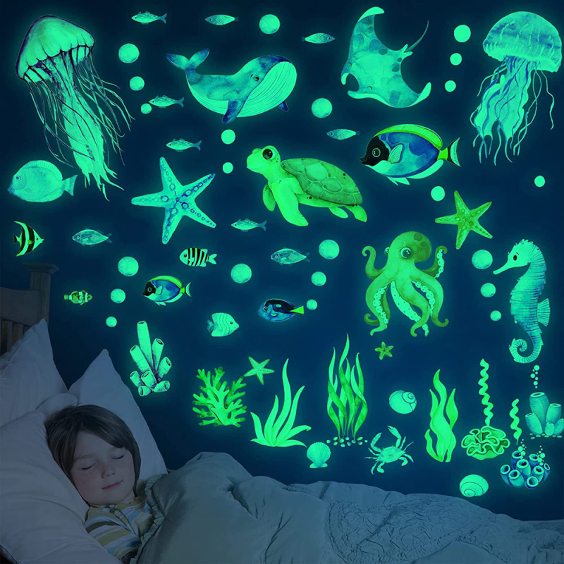 Fluorescentne zidne naljepnice – morski život: ribe i meduze, PVC, vodootporne, dekorativne, set od 3 komada