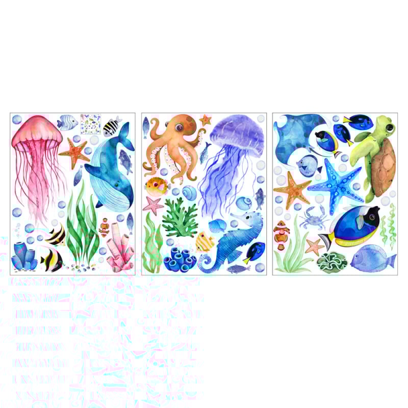 Fluorescentne zidne naljepnice – morski život: ribe i meduze, PVC, vodootporne, dekorativne, set od 3 komada