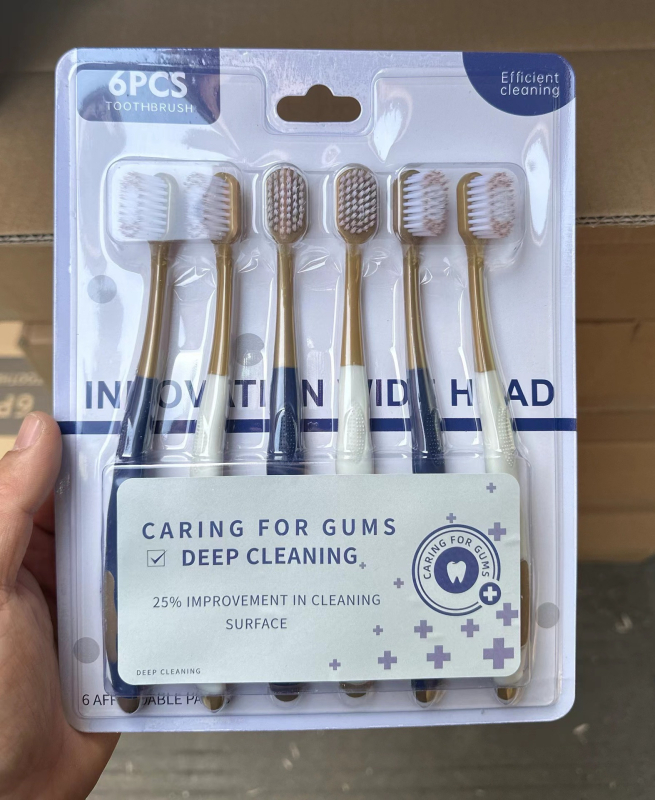 Rankinis dantų šepetėlis, 6 vnt rinkinys, plati galva, minkštos šerelės, gilus valymas